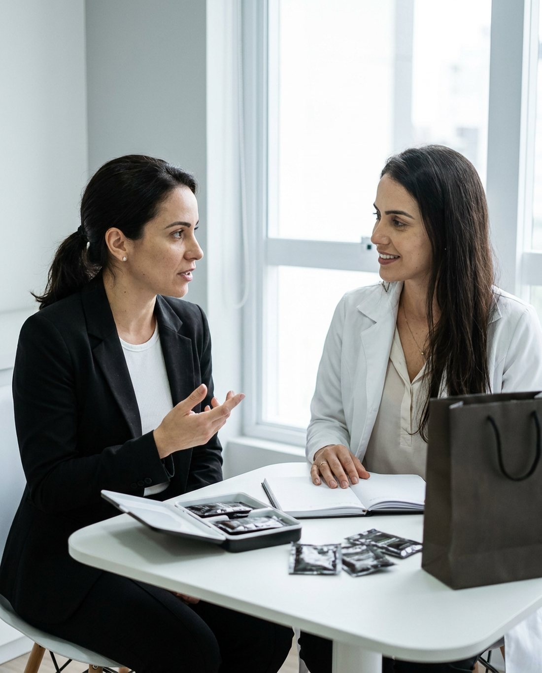 Uma representante de blazer preto conversa com uma nutricionista de jaleco branco na mesa do consultório, com uma maleta de amostras aberta e uma sacola entre elas.